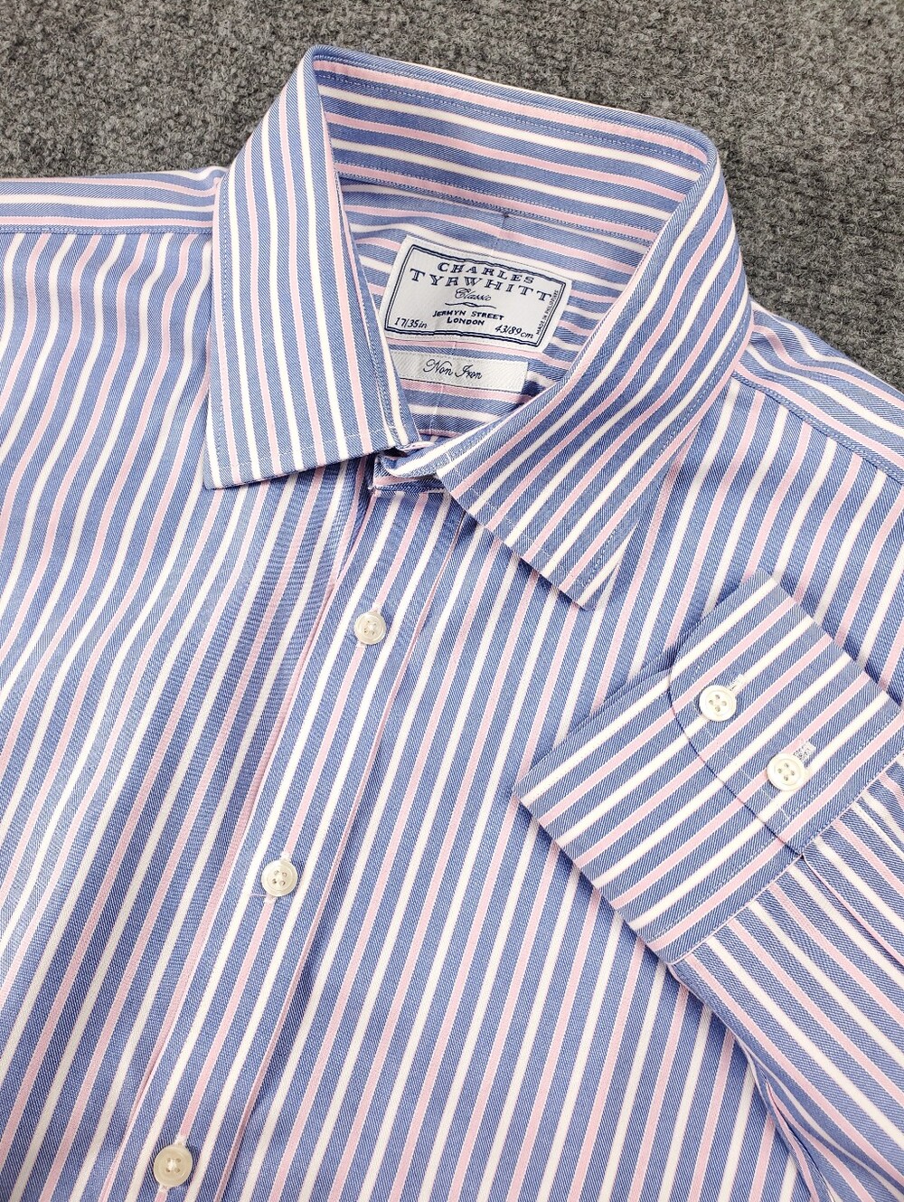 Charles Tyrwhitt Non Iron Bengal Stripe Dress Shirt 17 35 Classic Blue Pink